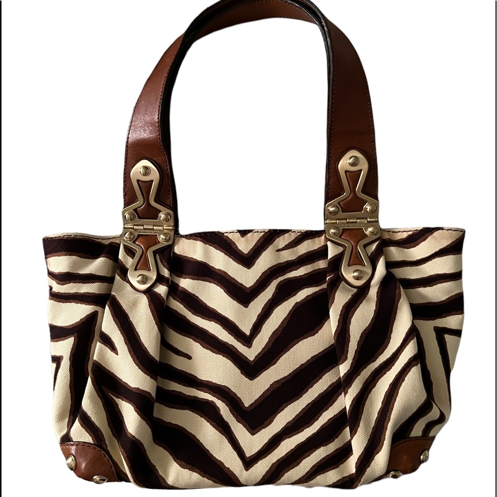 Vintage Michael Kors Zebra Print Bag Leather Canvas Brass/Gold Exterior Hardware